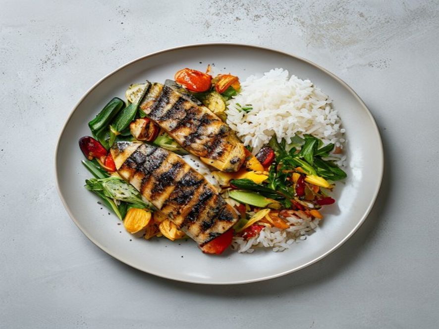 En tallrik med färgrik mat uppdelad i proteinrik fisk, grönsaker och helkornspotatis